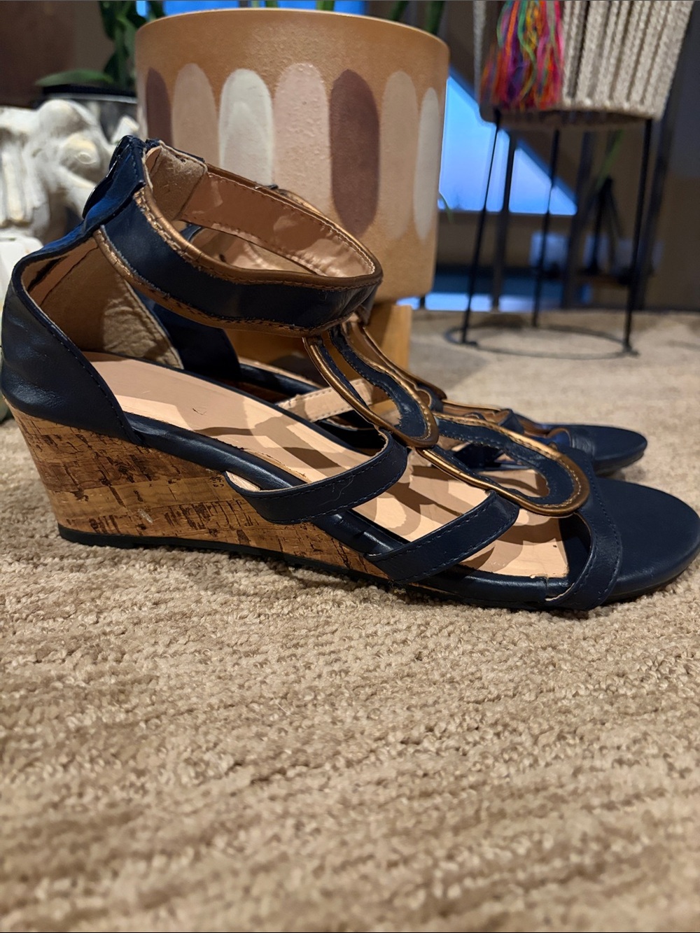 Navy with Golden Bronze Trim Strappy Gladiator Sandals for Women size 9
